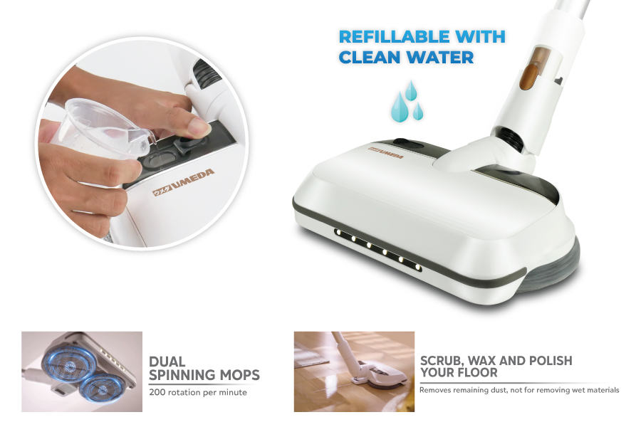 Menyapu dan mengepel menjadi lebih mudah dengan dual spinning mops 200 RPM. (Opsional)