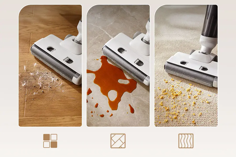 Vacuum cleaner cordless yang mampu mengangkat dan pel kotoran pada permukaan lantai keramik, lantai kayu, & karpet 