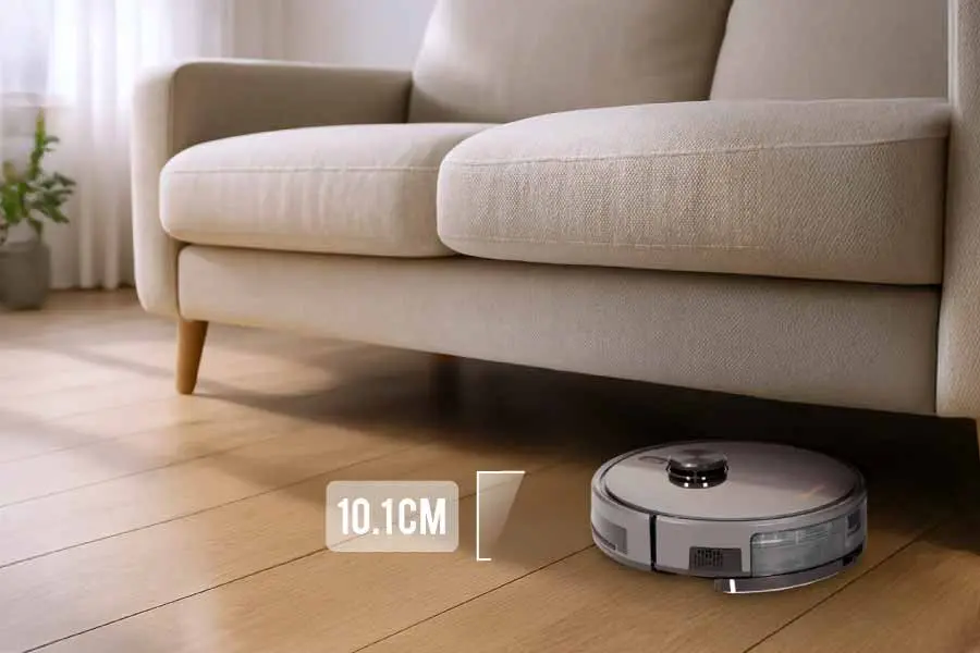 Tomo 2.0 LS memiliki desain ramping dengan ketebalan hanya 10,1 cm, sehingga mampu membersihkan area sulit dijangkau seperti bawah meja, kursi, dan sofa.